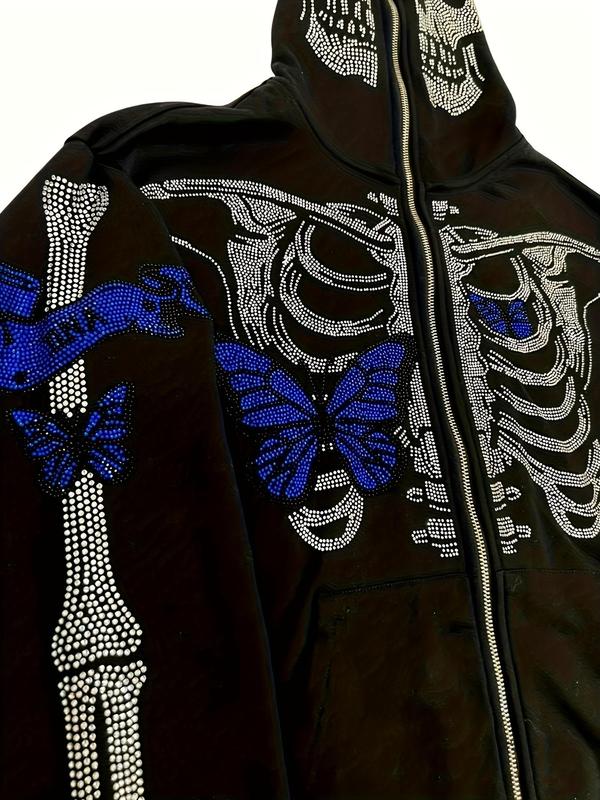 Women's Rhinestone Skull Print Zip Up Hoodie, Fashion Drop Shoulder Pocket Hooded Jacket, Women Clothes for Daily Holiday Outdoor Wear